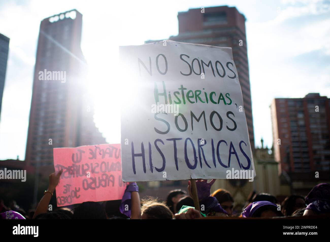 Bogota, Colombia. 08th Mar, 2024. A demonstrator holds a sign that reads 'We are not hysterical, we are historic' during the international women's day demonstrations in, Bogota, Colombia on March 8, 2024. Photo by: Chepa Beltran/Long Visual Press Credit: Long Visual Press/Alamy Live News Stock Photo