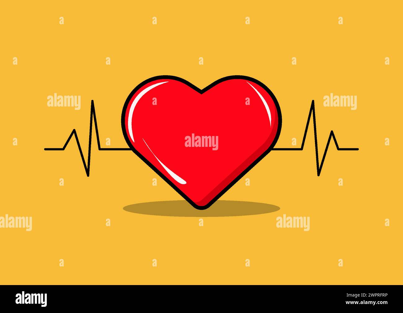 Cartoon vector illustration of a red heart with a heart rate graph in the background. combines the symbol of love with the concept of heart rhythm, cr Stock Vector