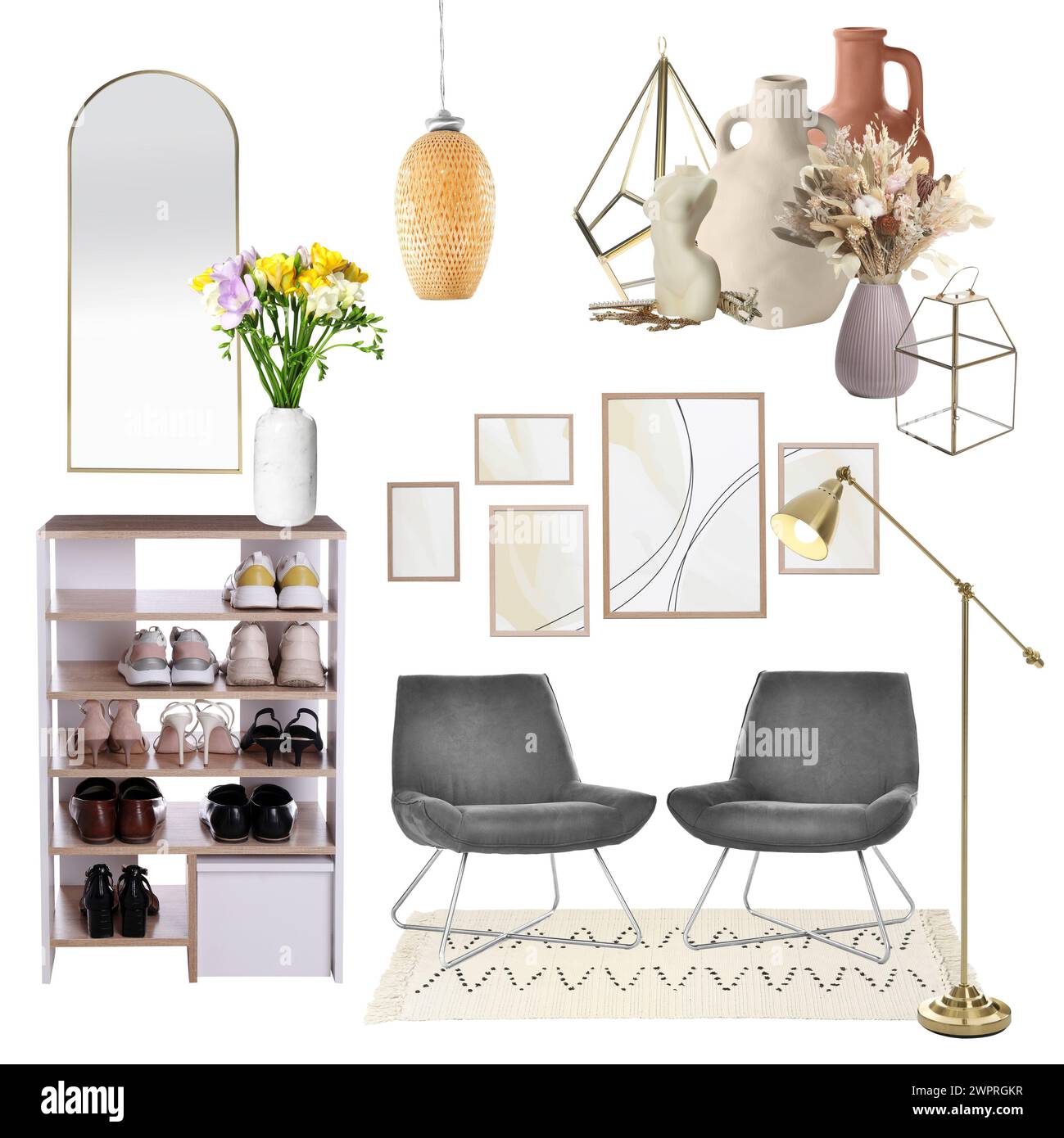 Stylish hall interior with different decorative elements and furniture ...