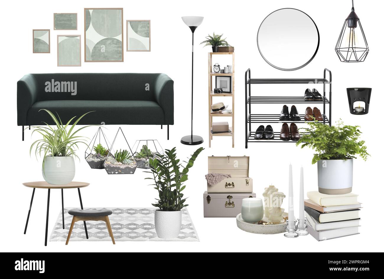 Stylish hall interior with different decorative elements and furniture ...
