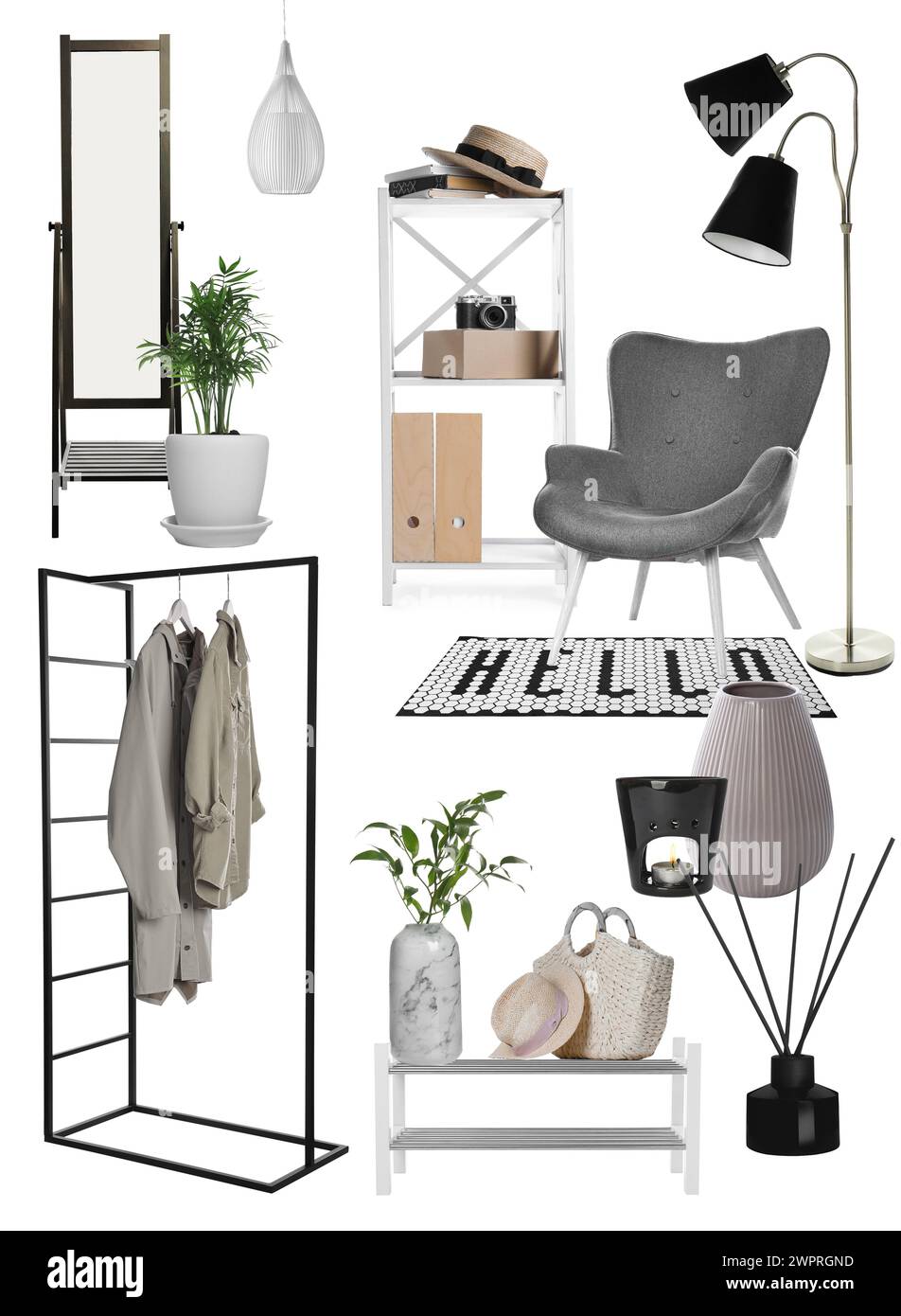 Stylish hall interior with different decorative elements and furniture ...