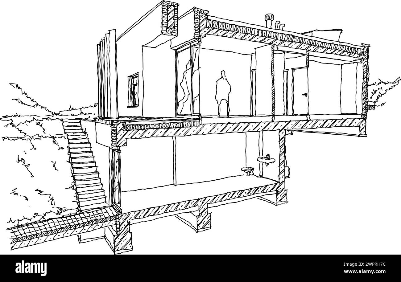 hand drawn architectural sketch of section of modern two story detached house with flat roof and garden Stock Photo