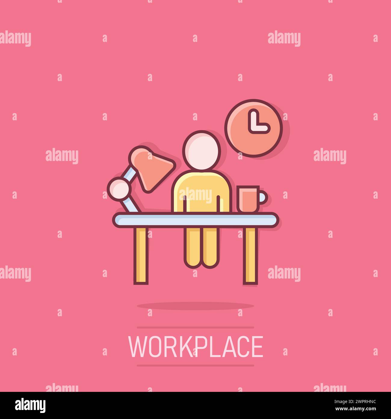 People with table lamp and clock icon in comic style. Coworking space ...