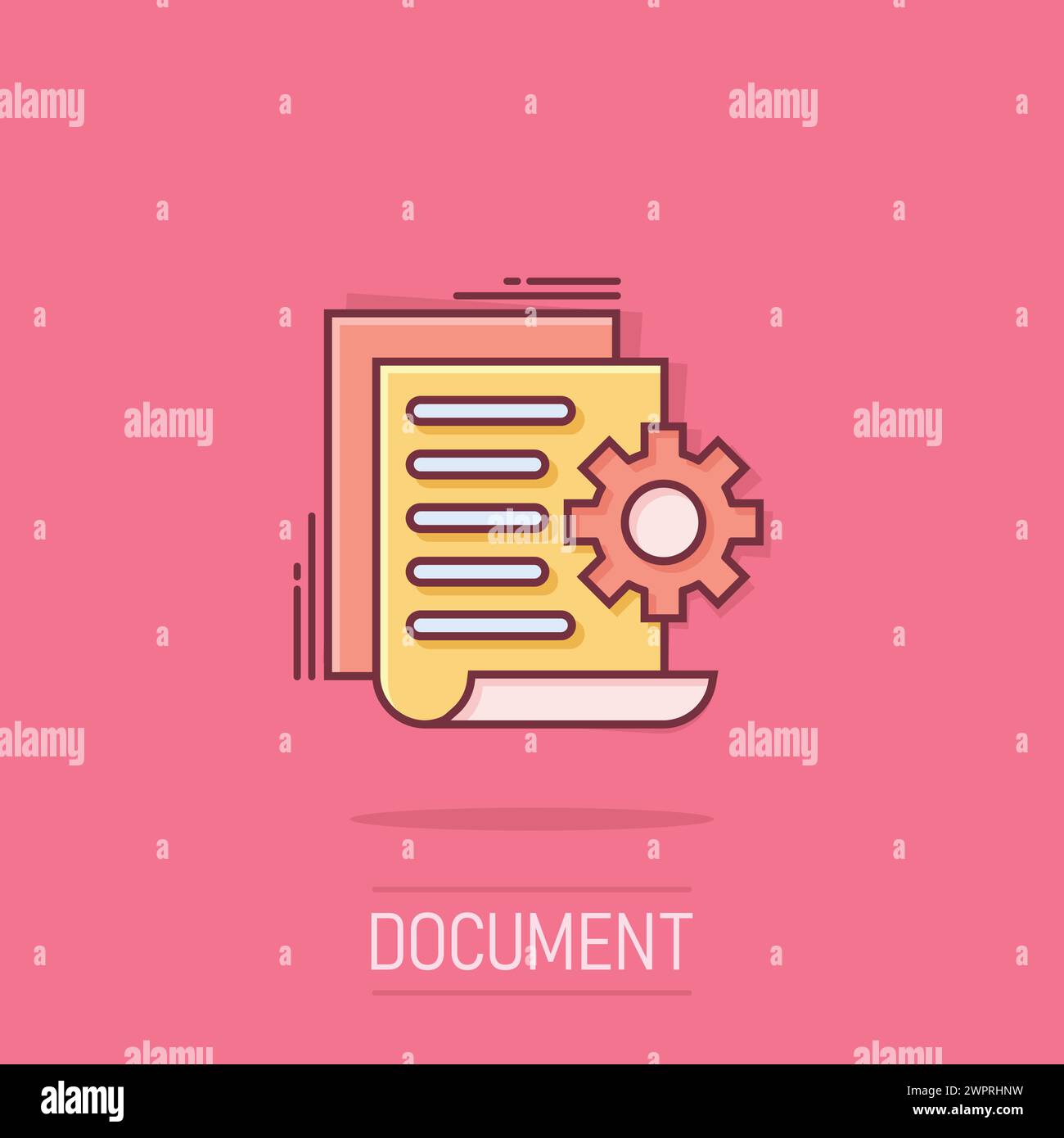 Document with gear icon in comic style. Big data processing cartoon vector illustration on isolated background. Paper sheet software solution splash e Stock Vector