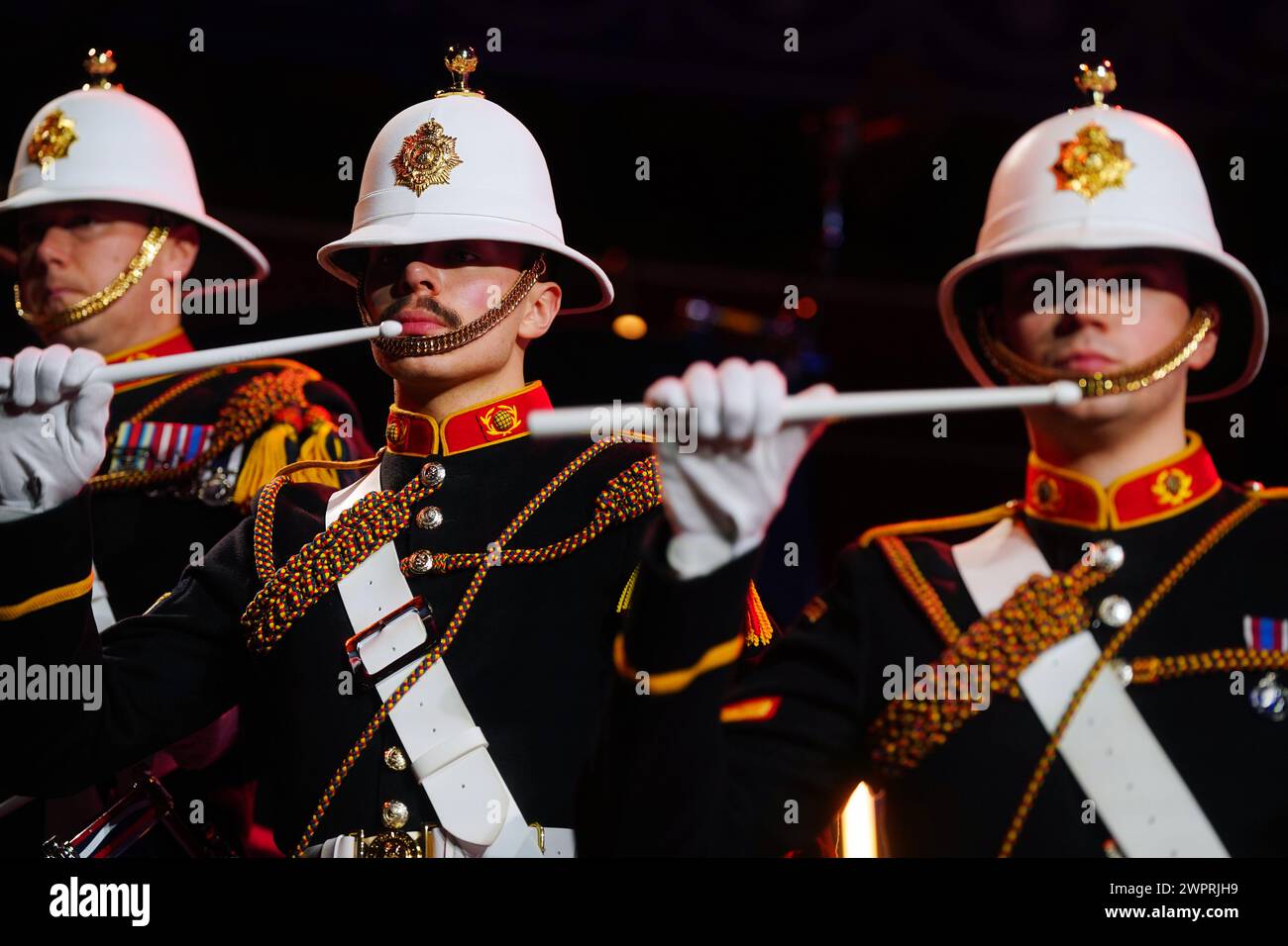 Members of the Royal Marines Band Service take part in a rehearsals for the annual Mountbatten Festival of Music at Royal Albert Hall, London. Picture date: Thursday March 7, 2024. Stock Photo