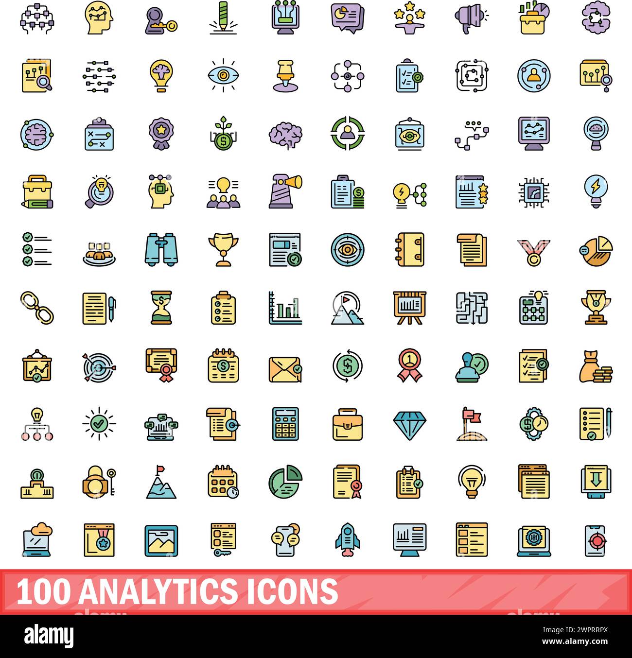 100 analytics icons set. Color line set of analytics vector icons thin ...
