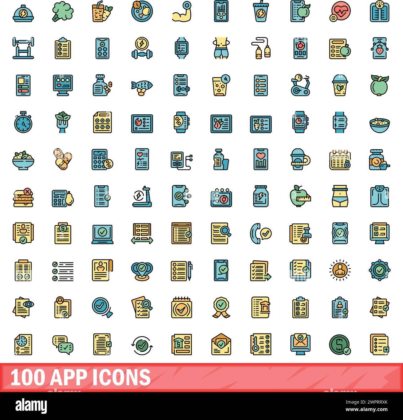 100 app icons set. Color line set of app vector icons thin line color ...