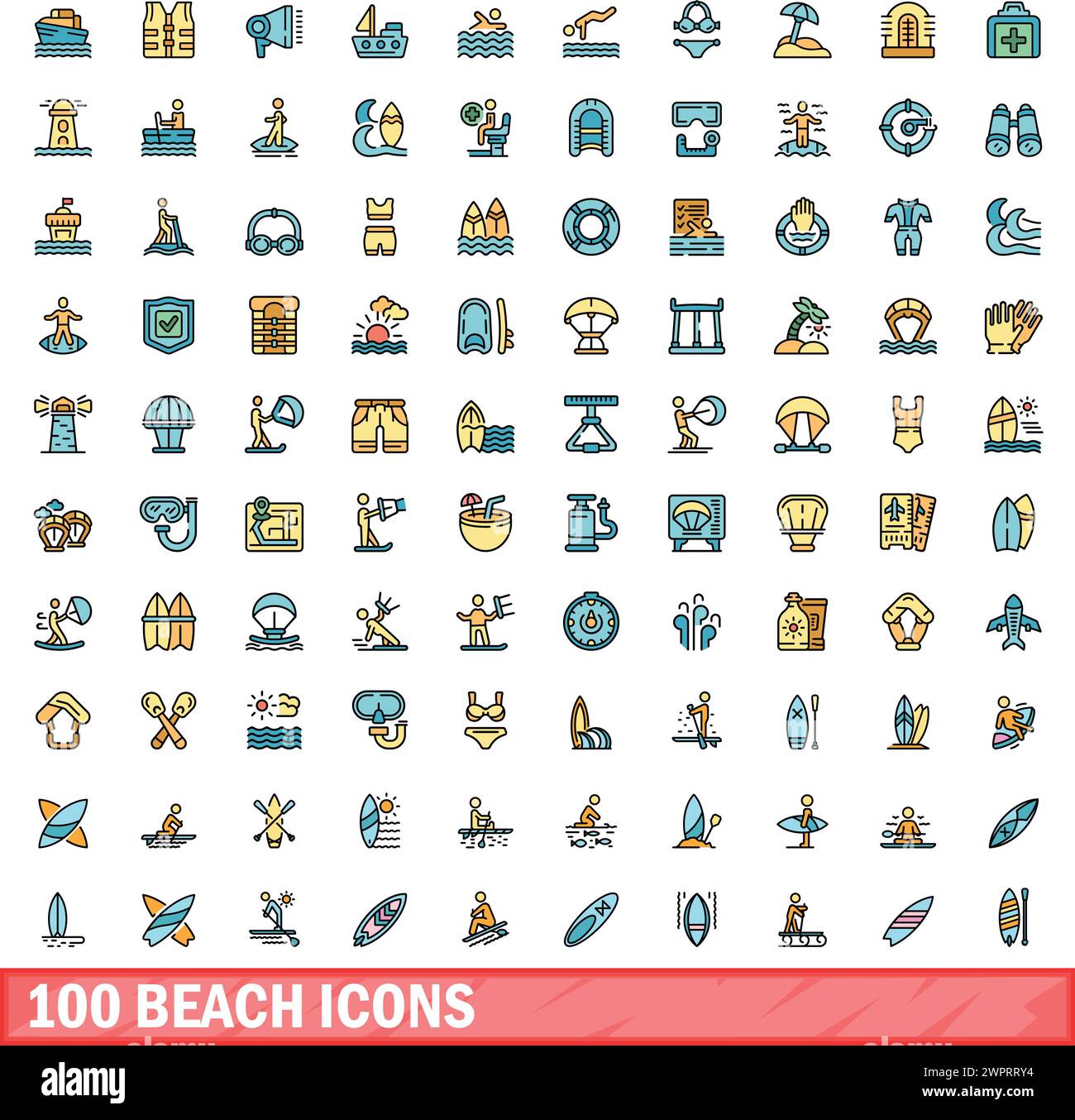 100 beach icons set. Color line set of beach vector icons thin line ...