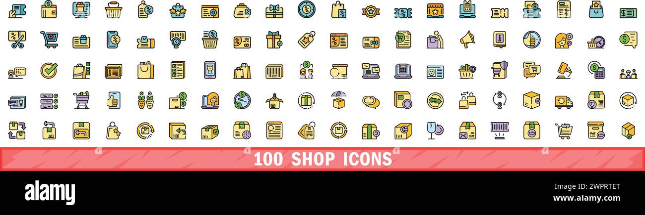 100 shop icons set. Color line set of shop vector icons thin line color flat on white Stock Vector