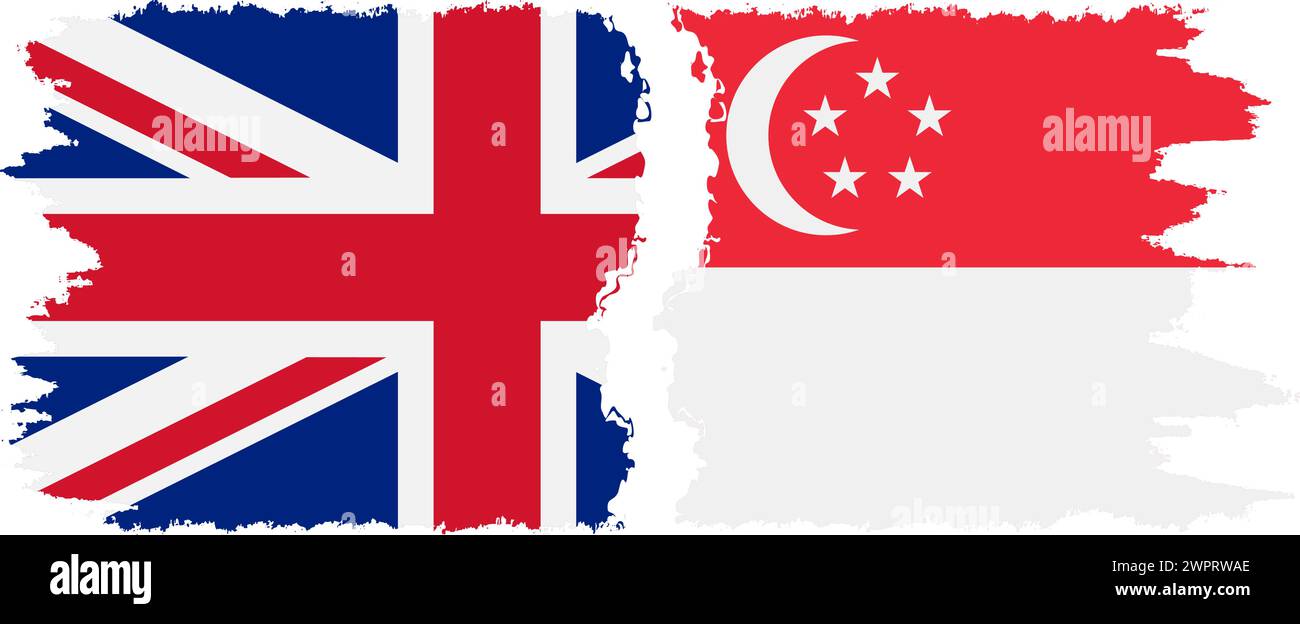 Singapore and United Kingdom grunge flags connection, vector Stock Vector