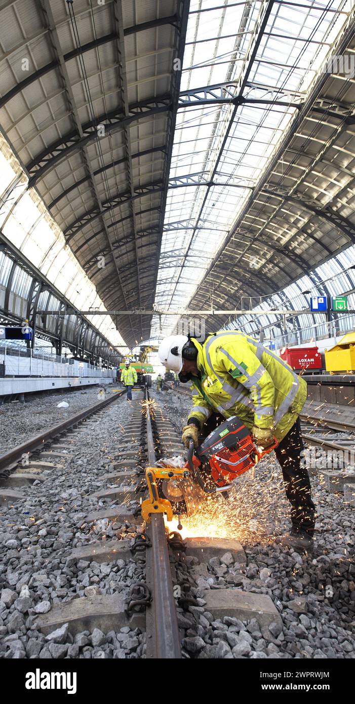 Replacing rails at Amsterdam station.vvbvan bree fotografie Holland Stock Photo