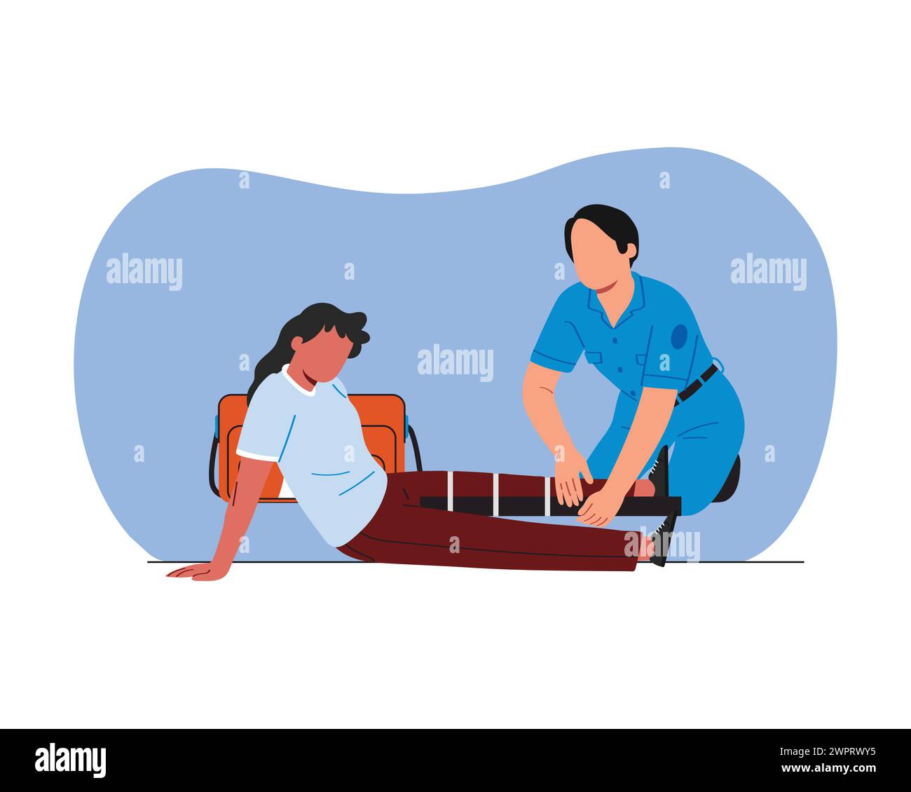 First aid. Doctor or paramedic officer helping patient with fracture in stretcher. Flat style vector design for medical and health care illustration. Stock Vector