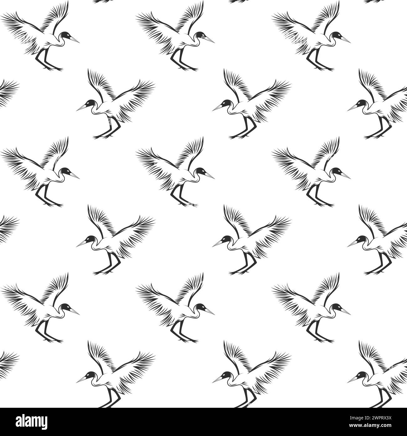 Gray heron black lineart seamless pattern Stock Vector