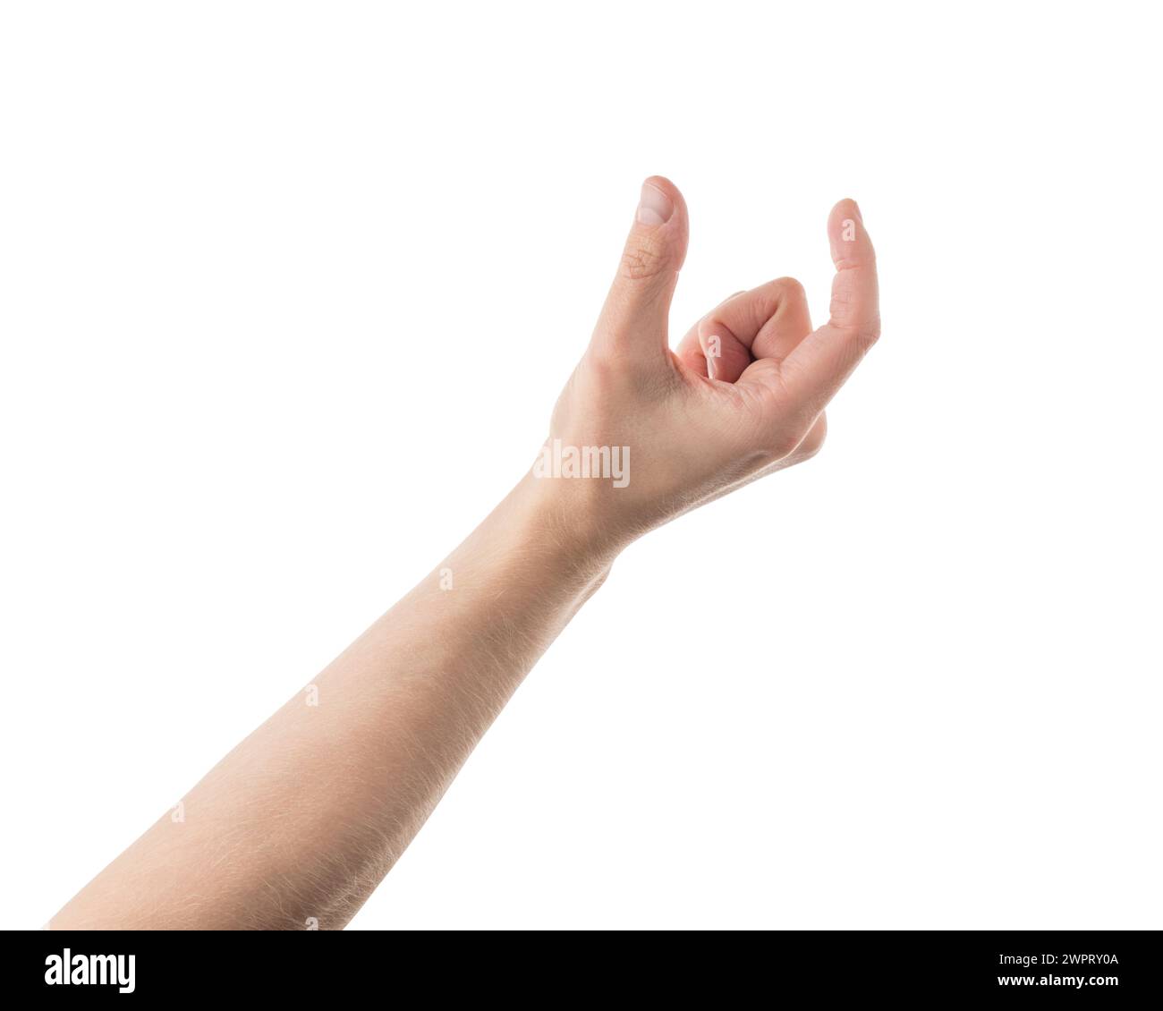 Adult man hand hold something with fingers isolated on white background ...