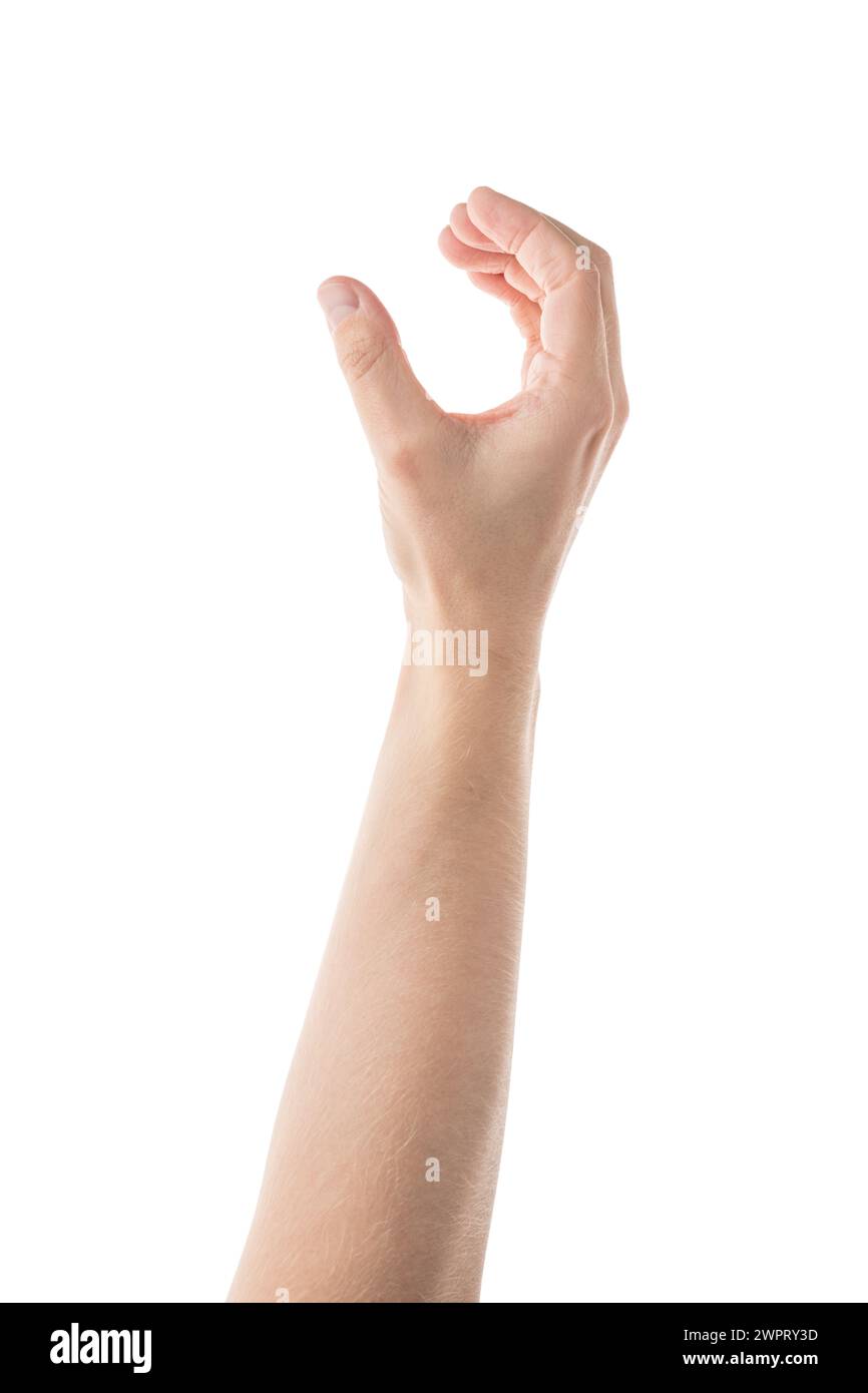 Adult man hand hold something with fingers isolated on white background ...