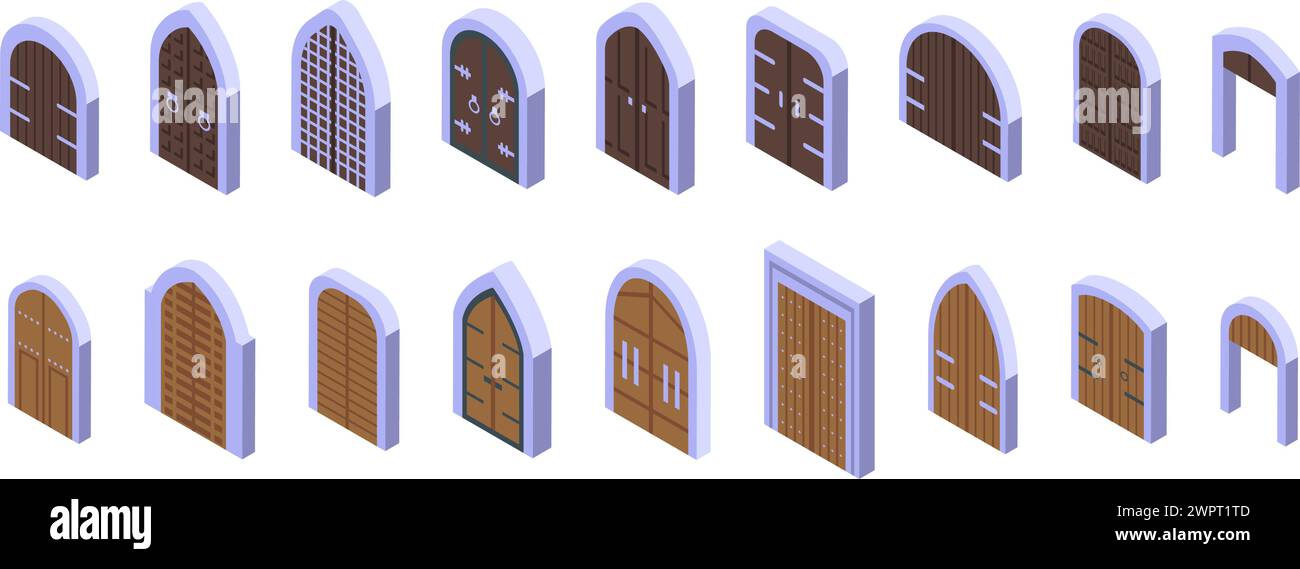 Castle gate icons set isometric vector. Medieval dungeon door. Wooden ...