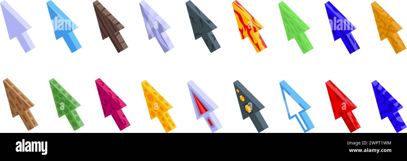Game ui arrow icons set isometric vector. Mouse cursor play. Pointer button Stock Vector
