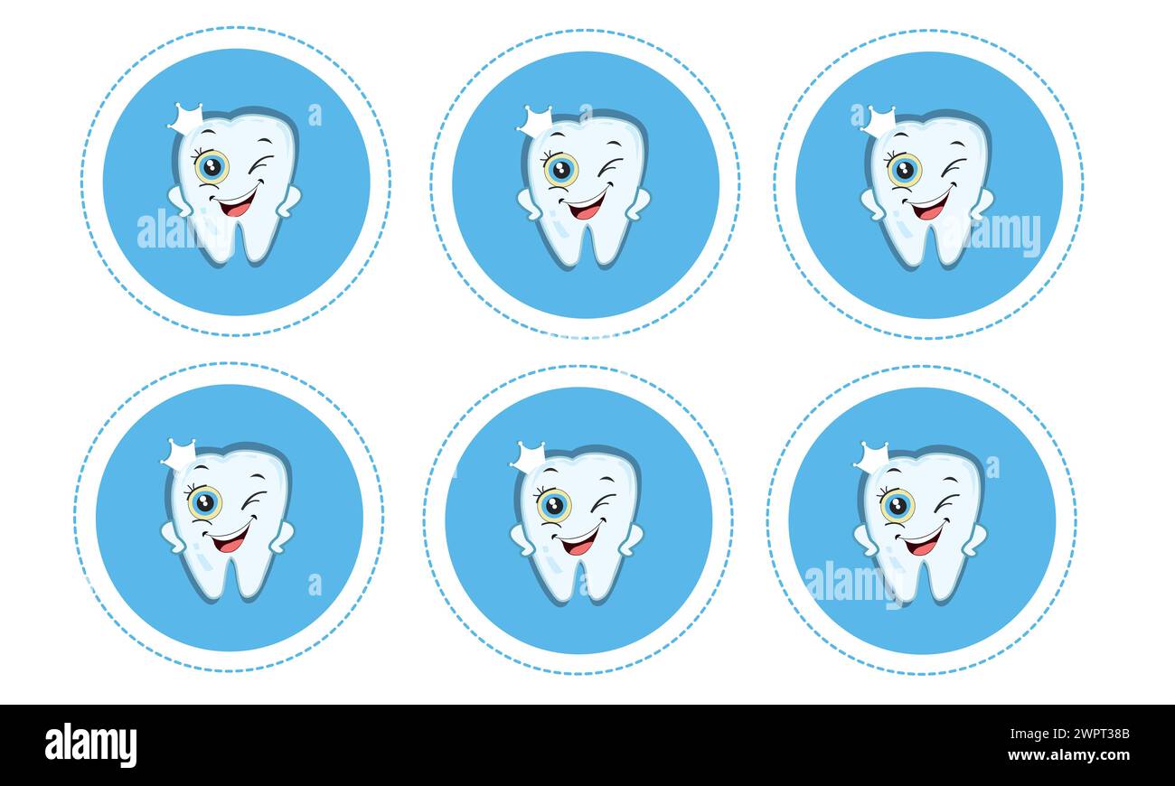 Baby first tooth for boys. Tooth with crown vector set for sticker or design element Stock Vector