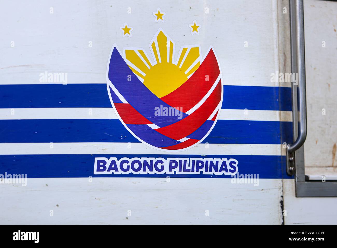 Manila, Philippines. Mar 9, 2024: Logo “Bagong Pilipinas” (New Philippines) displayed on train of Philippine National Railways (PNR). This campaign is part of Ferdinand Bongbong Marcos Jr. administration's brand of governance. Which involves 2 major programs: 'Build Better More', the 194 infrastructure projects under Marcos leadership, which superseded the 'Build! Build! Build!' program of the Duterte administration and 'Pambansang Pabahay Para sa Pilipino', the national housing program targeting to build around 1 million housing units annually until 2028. Credit: Kevin Izorce/Alamy Live News Stock Photo