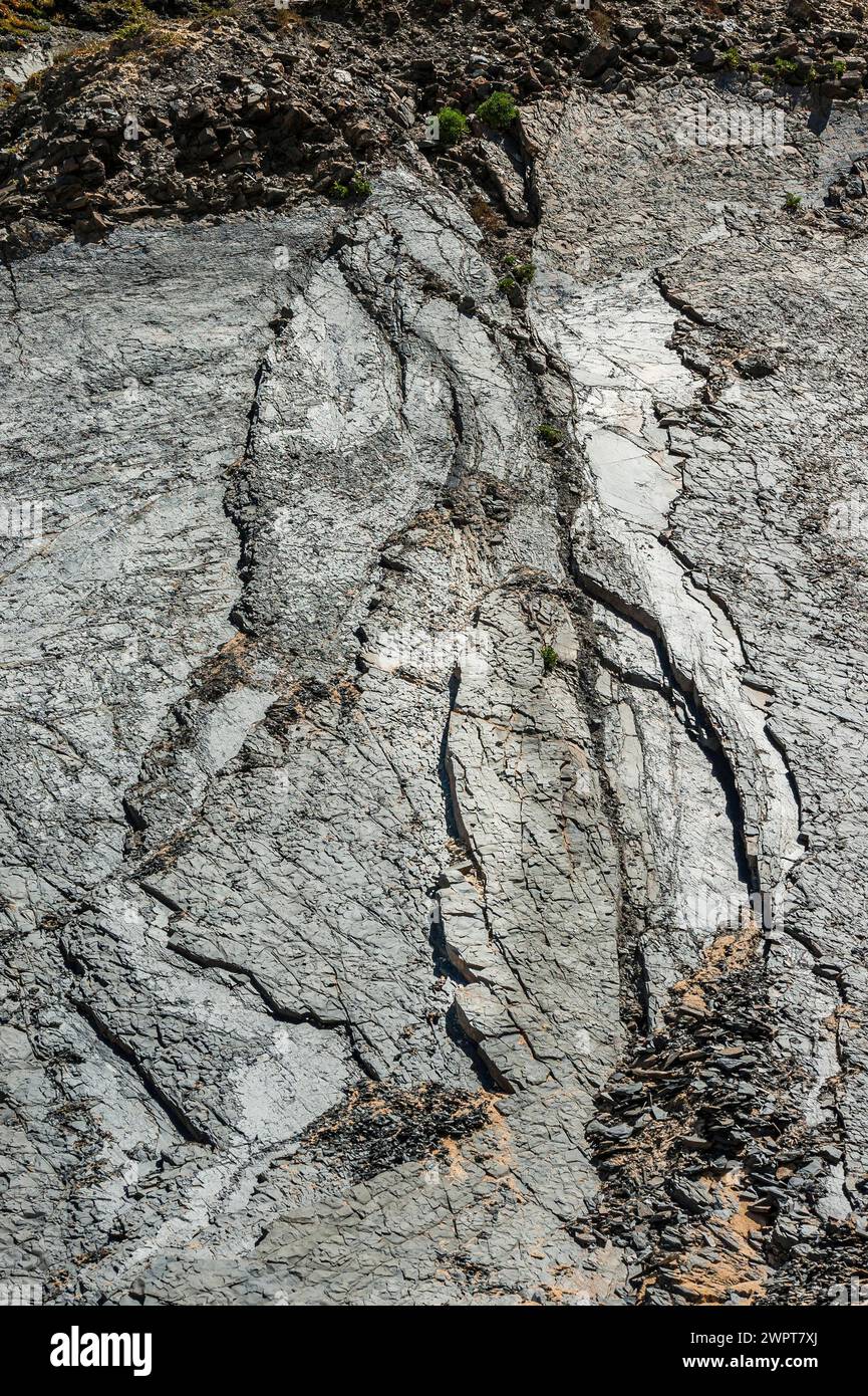 Rock layers on the Portuguese Atlantic coast, geology, grey, rock, slate, geological history, rock, rocky coast, climate, history, texture Stock Photo