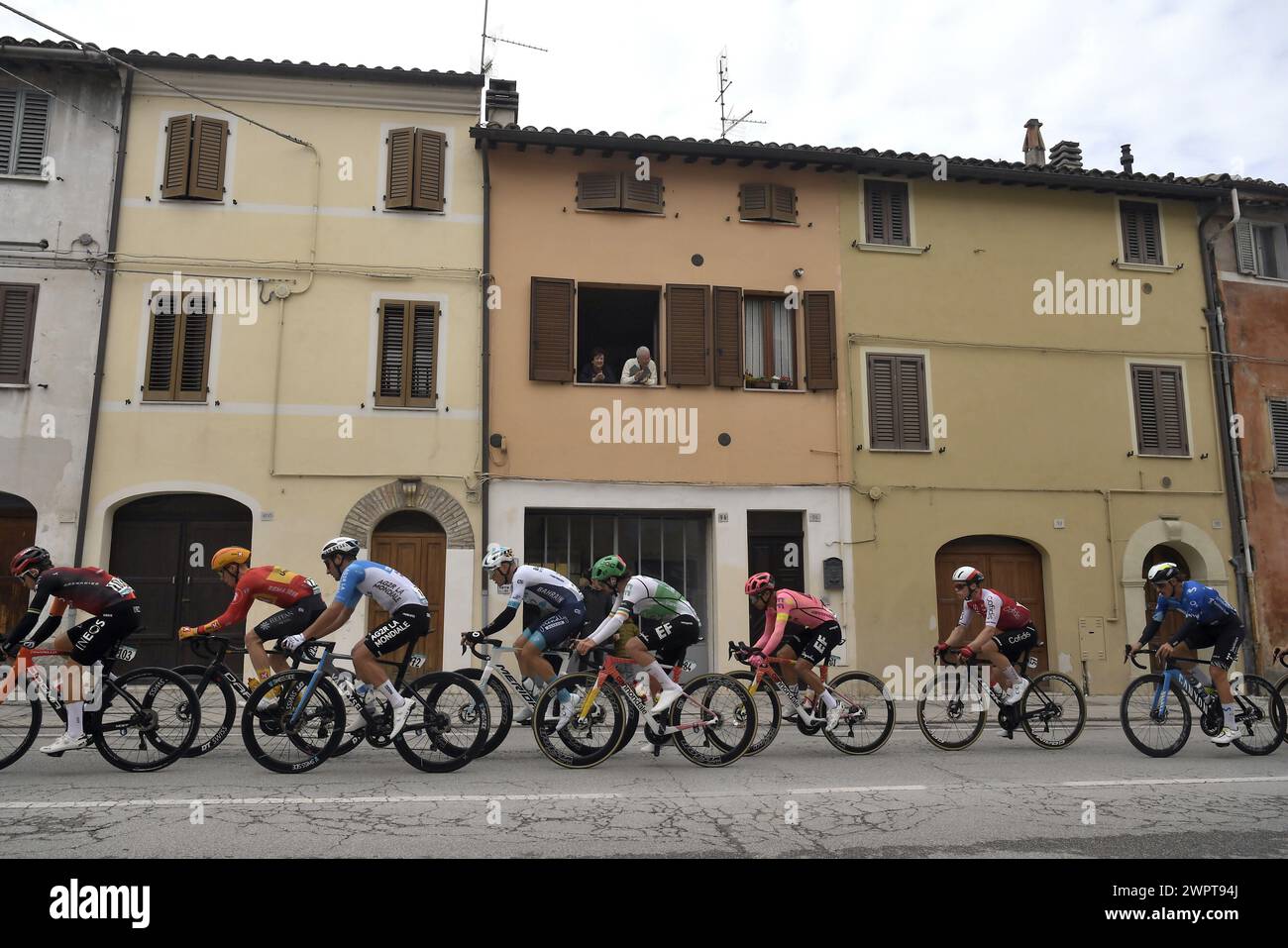 The pack rides during the 59th Tirreno-Adriatico 2024, Stage 6 a km from Sassoferrato to Cagli (Monte Petrano) on March 09, 2024 in Cagli (Monte Petrano), Marche, Italy. (Photo by Fabio Ferrari/LaPresse) Credit: LaPresse/Alamy Live News Stock Photo