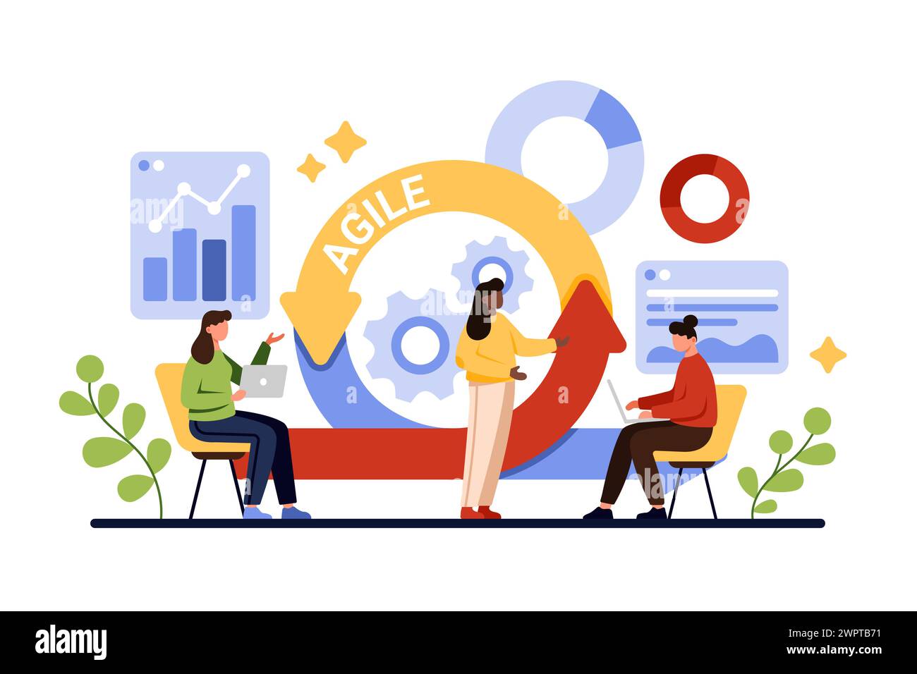 Agile methodology for digital business project development and organization. Tiny people manage workflow cycle with flexible arrow of agile method, control data reports cartoon vector illustration Stock Vector