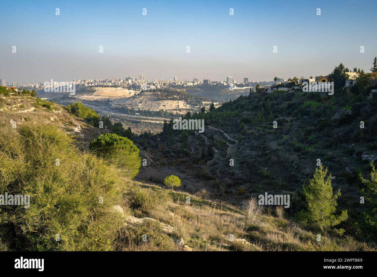 Northern Jerusalem, Israel, as seen through Halilim seasonal stream, on a sunny day. The hill slopes along the stream are covered with ancient agricul Stock Photo