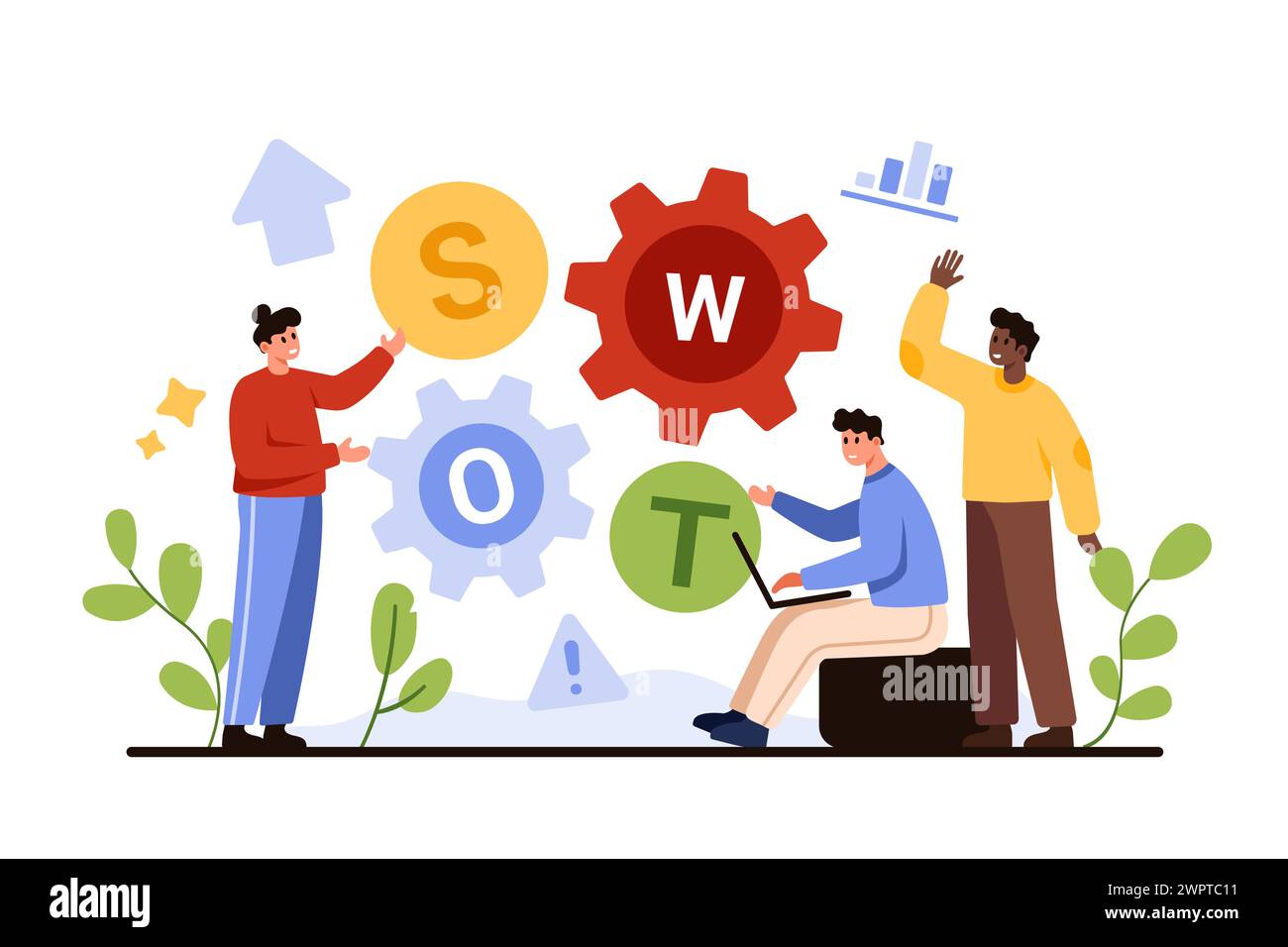 SWOT analysis for business strategy planning by marketing team. Tiny people work on vision of strength and weakness, threat and opportunity for enterprise or project cartoon vector illustration Stock Vector