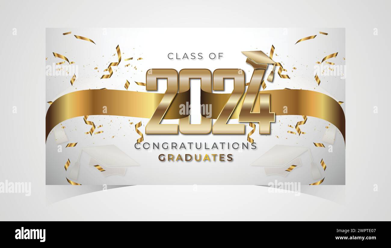 Class of 2024 Congratulations Graduates. Academic Cap and Diploma Graduation Ceremony. Vector Template for Senior Class of University Year 2024 Banner Stock Vector