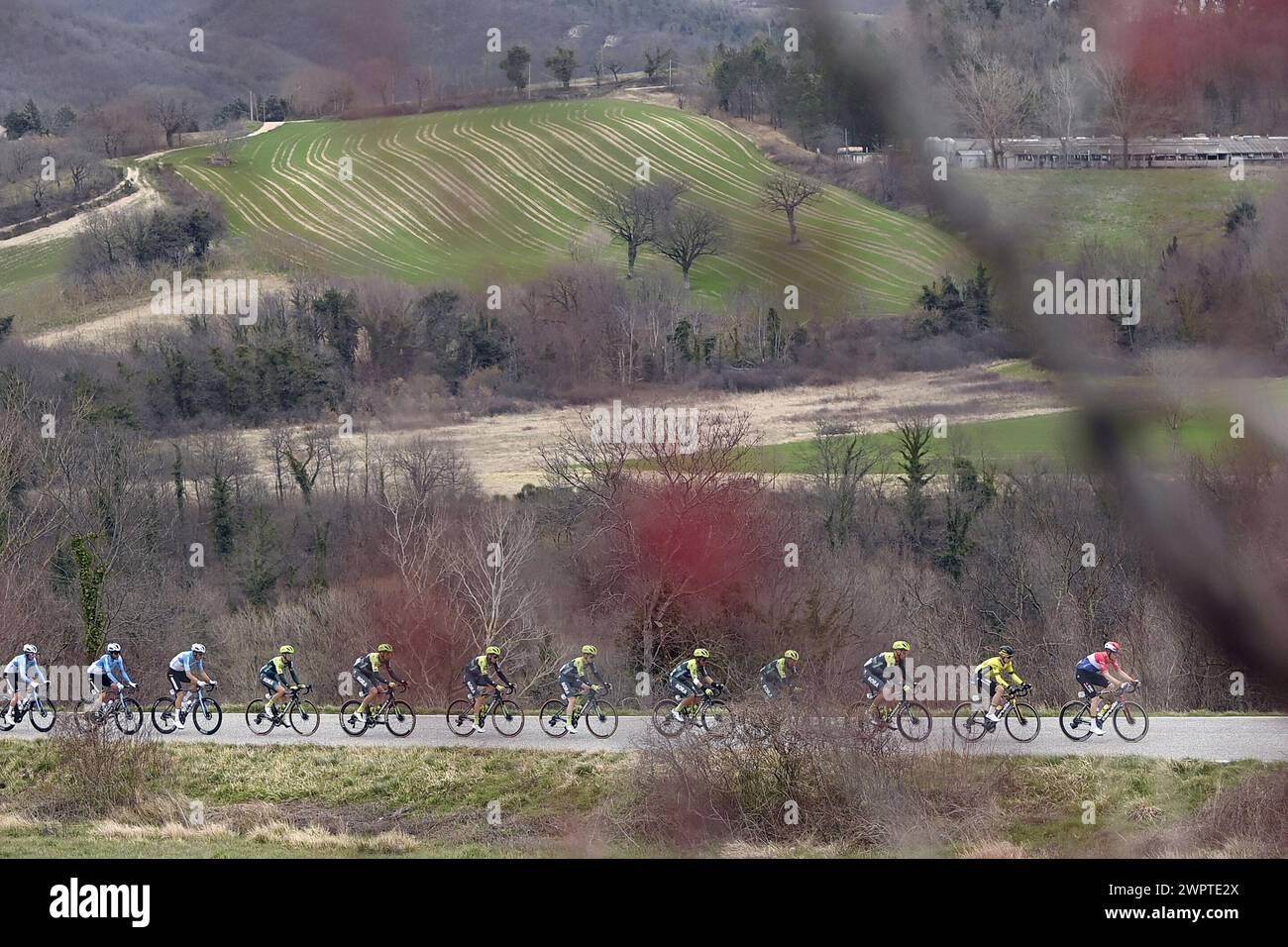 The pack rides during the 59th Tirreno-Adriatico 2024, Stage 6 a km from Sassoferrato to Cagli (Monte Petrano) on March 09, 2024 in Cagli (Monte Petrano), Marche, Italy. (Photo by Fabio Ferrari/LaPresse) Credit: LaPresse/Alamy Live News Stock Photo