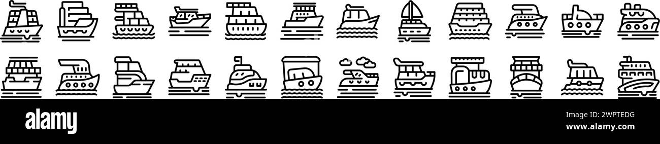 Luxury trip boat icons set outline vector. Cruise sea ship. Travel water vessel Stock Vector