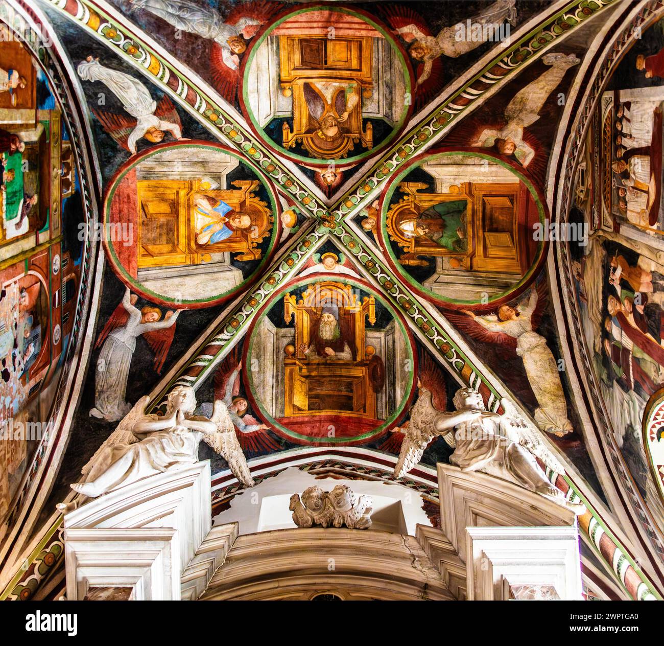 Ceiling frescoes, Duomo di San Marco, old town centre with magnificent aristocratic palaces and Venetian-style arcades, Pordenone, Friuli, Italy Stock Photo