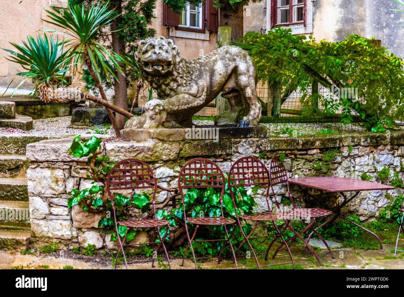 Inner courtyard, Duino Castle, with spectacular sea view, private residence of the Princes of Thurn und Taxis, Duino, Friuli, Italy, Duino, Friuli Stock Photo