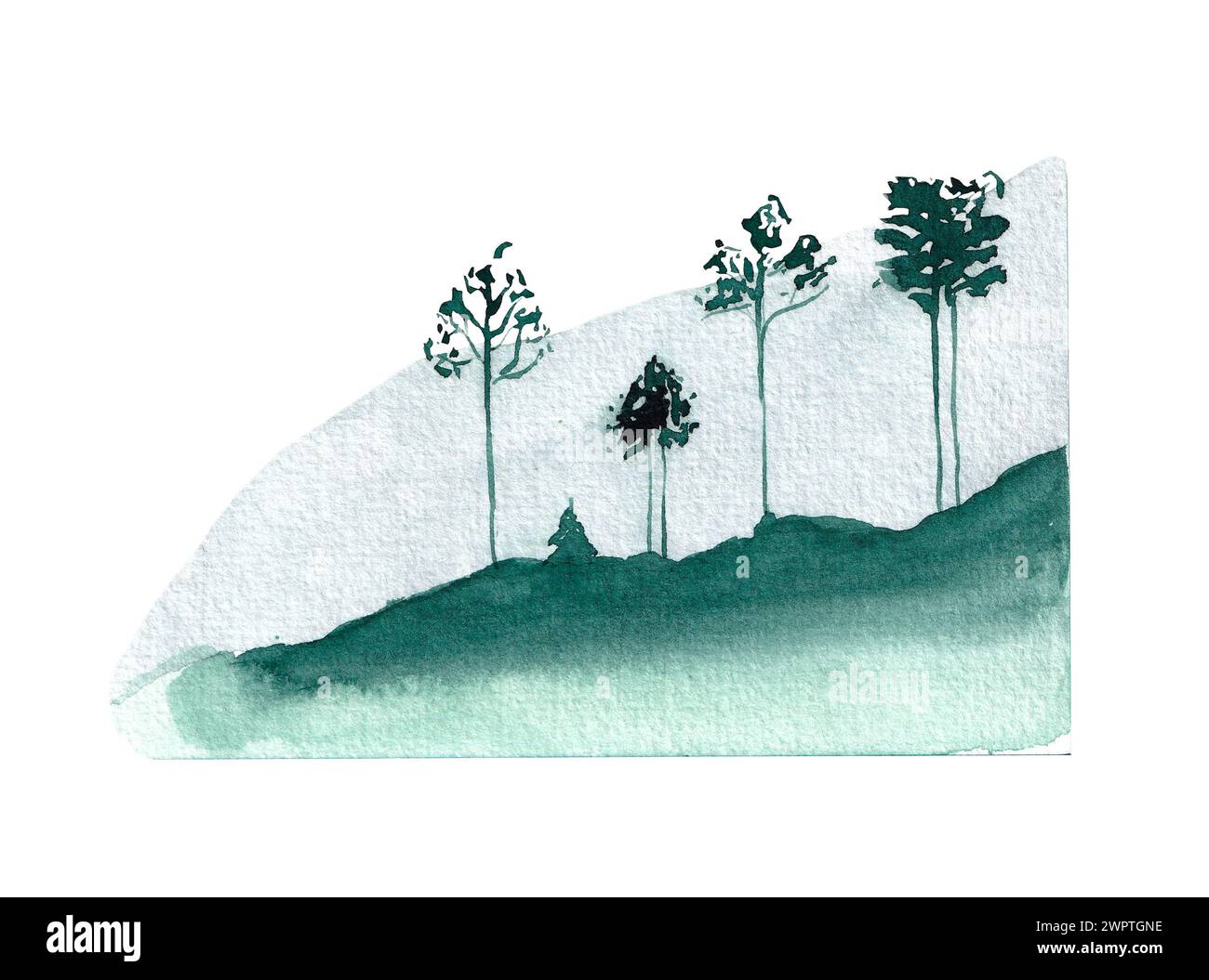 Watercolor hand drawn landscape. Silhouette of trees. Stock Photo