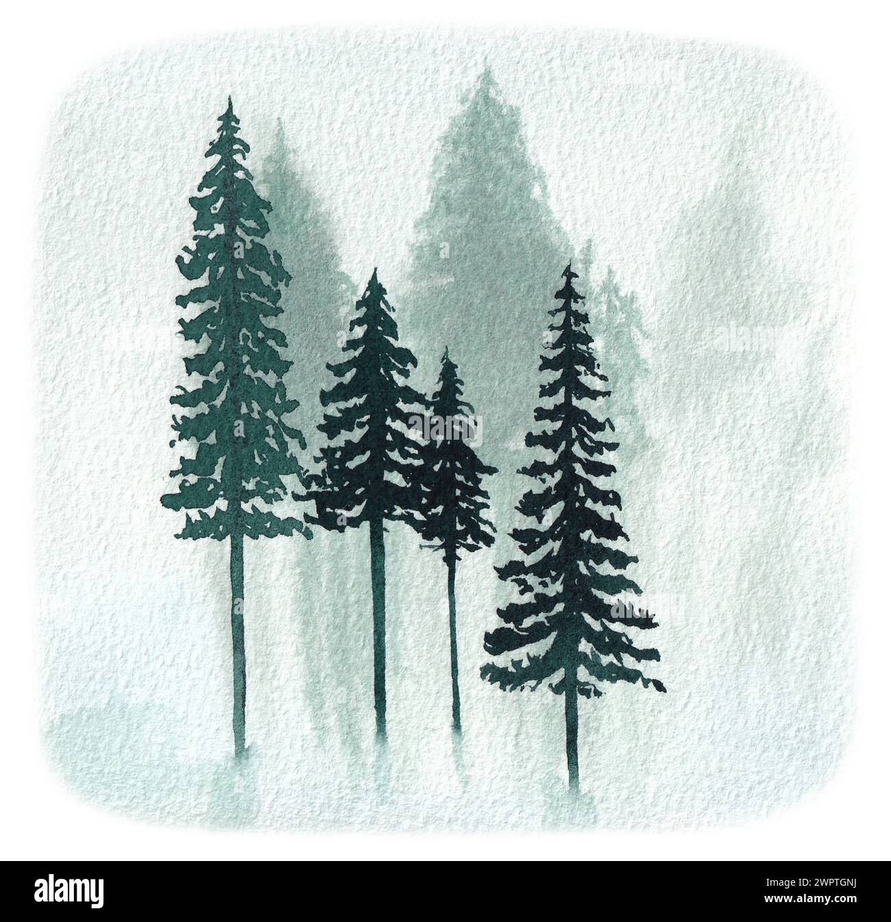 Watercolor hand drawn landscape. Silhouette of trees. Stock Photo