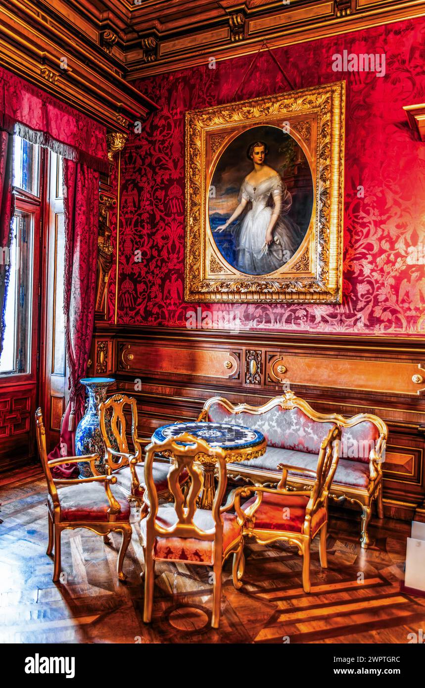 Conversation room, interior in neo-renaissance, neo-baroque style, Miramare Castle with marvellous view of the Gulf of Trieste, 1870, residence of Stock Photo