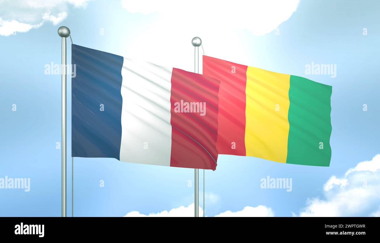 3D Flag of France and Guinea on Blue Sky with Sun Shine Stock Photo