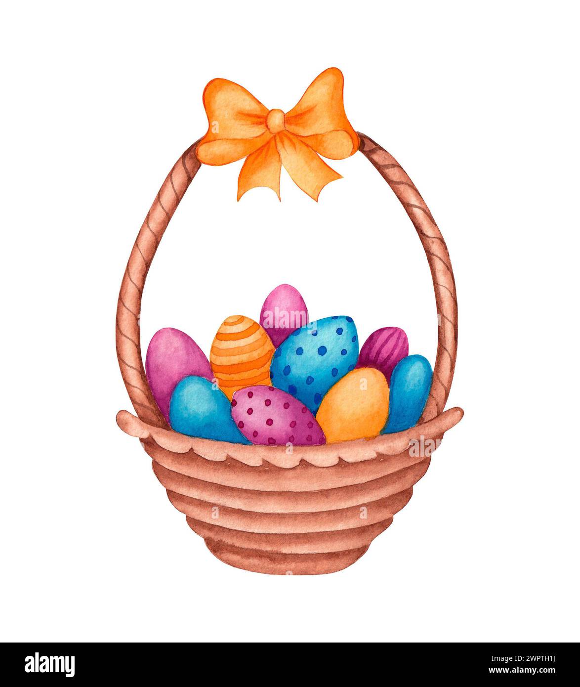 Watercolor easter basket with eggs and a yellow decorative bow. Hand ...