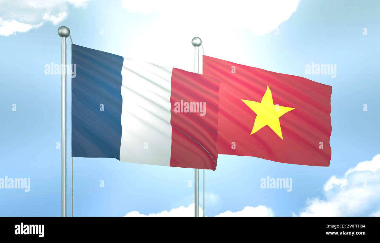 3D Flag of France and Vietnam on Blue Sky with Sun Shine Stock Photo
