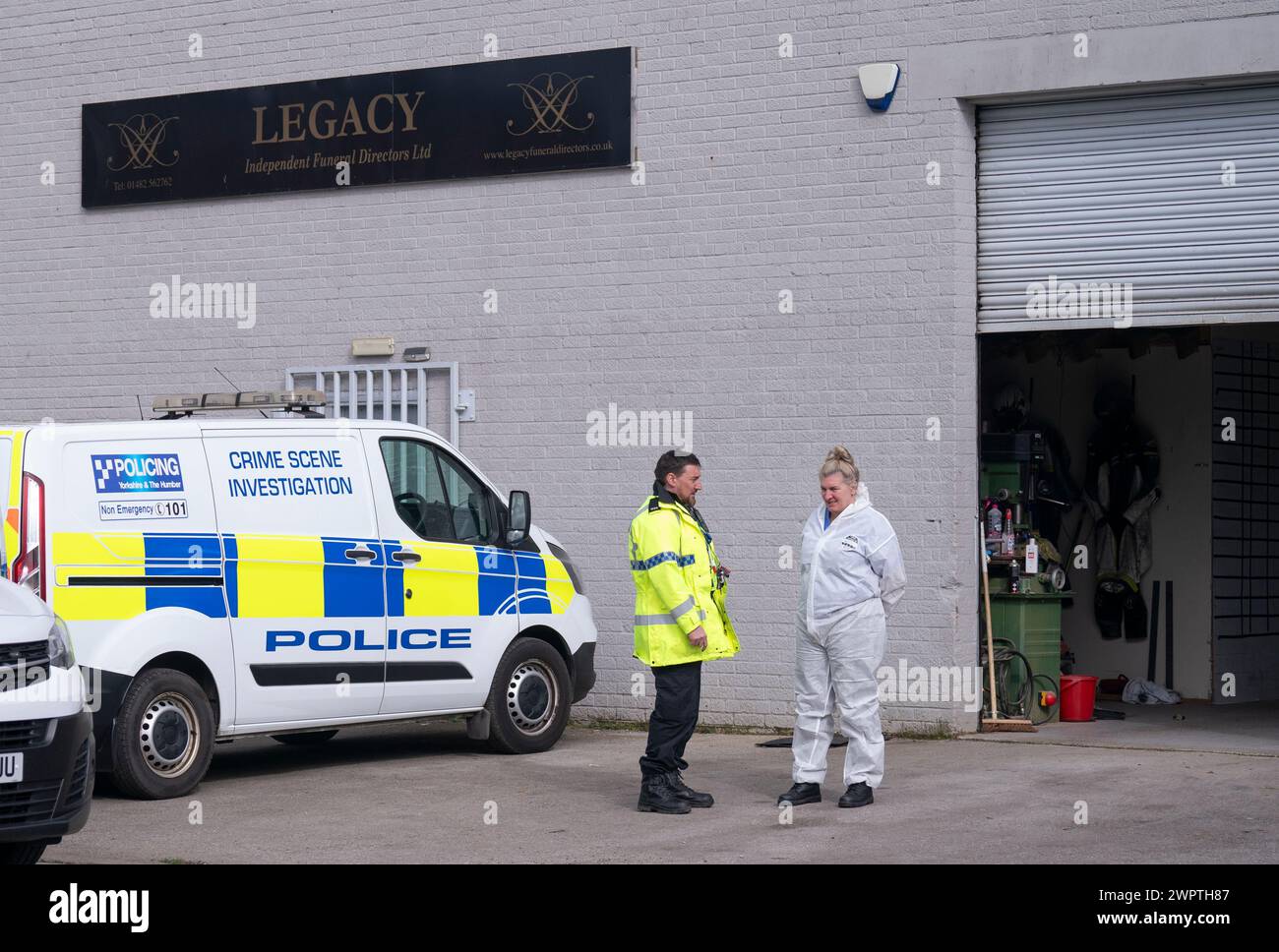 Police outside the Hessle Road branch of Legacy Independent Funeral Directors in Hull after after reports of 'concern for care of the deceased'. Police cordoned off three branches of the funeral director in Hull and the East Riding of Yorkshire. Picture date: Saturday March 9, 2024. Stock Photo