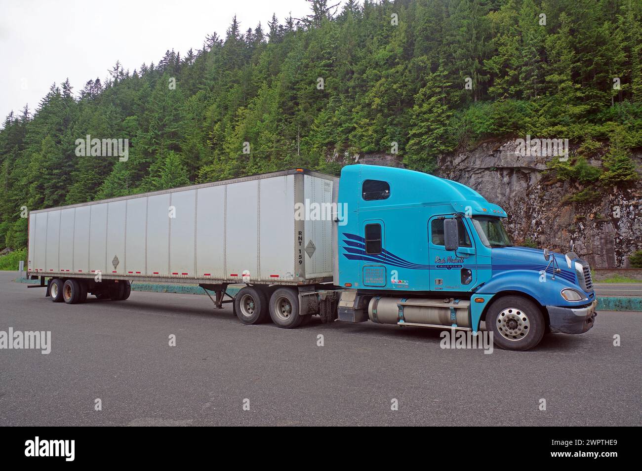 Giant truck with ten wheels, Truck, Yellowhead Highway, British Columbia, Canada Stock Photo