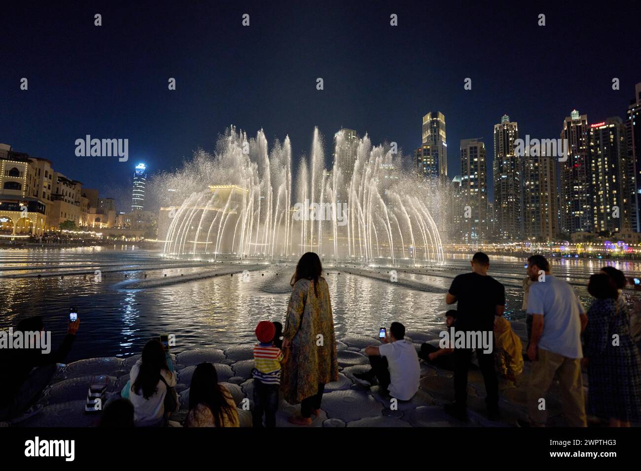 The Dubai Fountain water features on Lake Burj Khalifa. Dubai, United ...