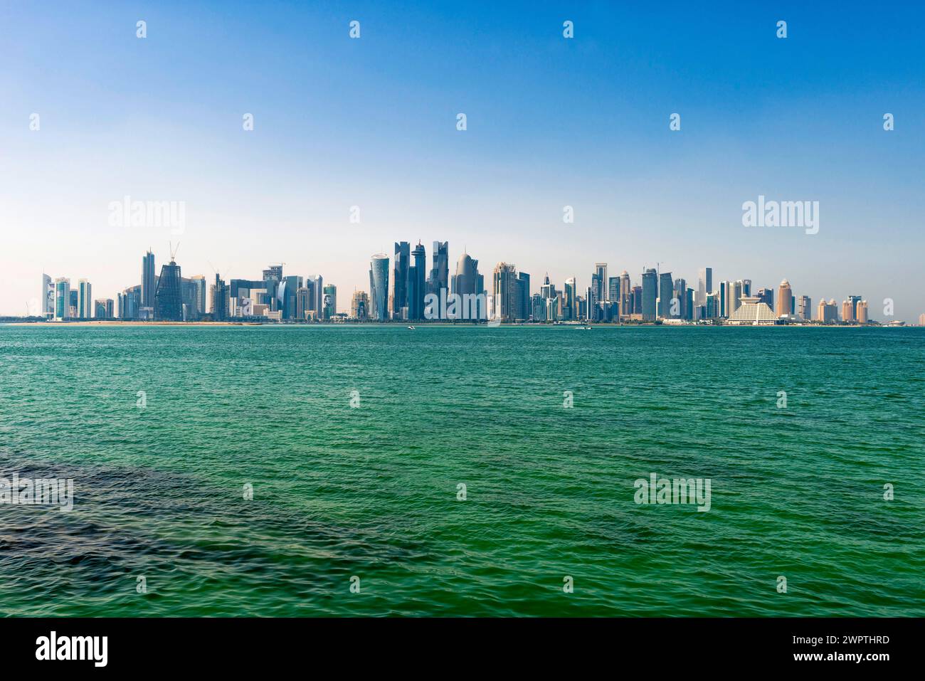 Skyline of Doha, skyscraper, horizon, Orient, Oriental, oil, wealth, building, architecture, modern, modern, Arabic, city trip, tourism, city, urban Stock Photo