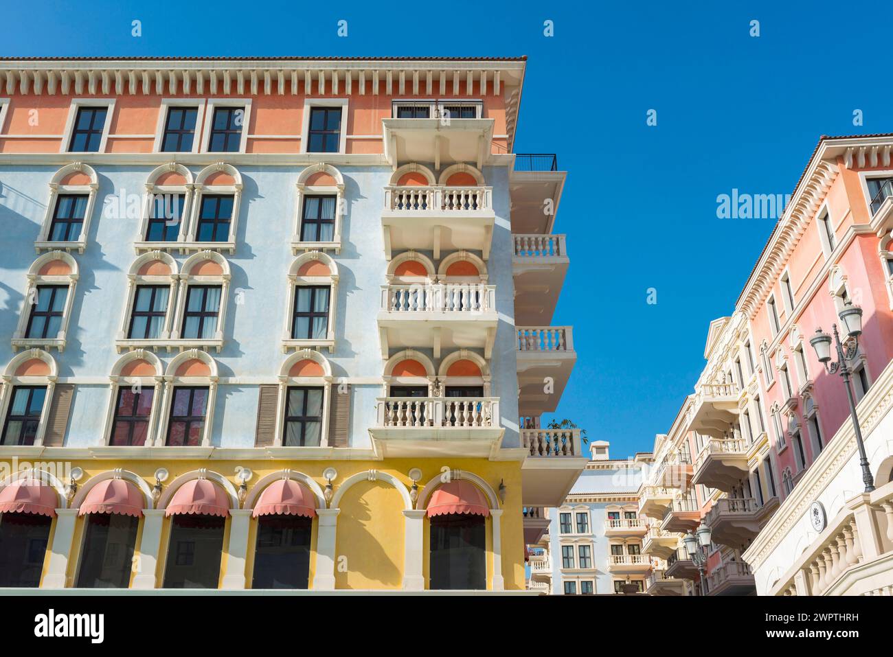 Qanat Quatier with Venetian-style buildings in Doha, Venice, replica, copy, fake, city, urban, modern, Venetian, residential building, rental flat Stock Photo