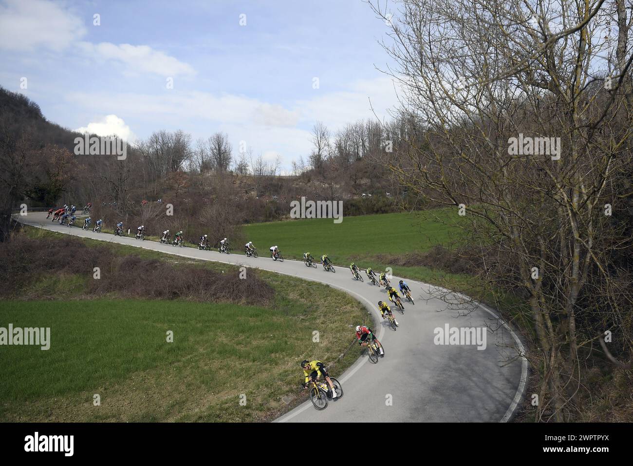 The pack rides during the 59th Tirreno-Adriatico 2024, Stage 6 a km from Sassoferrato to Cagli (Monte Petrano) on March 09, 2024 in Cagli (Monte Petrano), Marche, Italy. (Photo by Fabio Ferrari/LaPresse) Credit: LaPresse/Alamy Live News Stock Photo