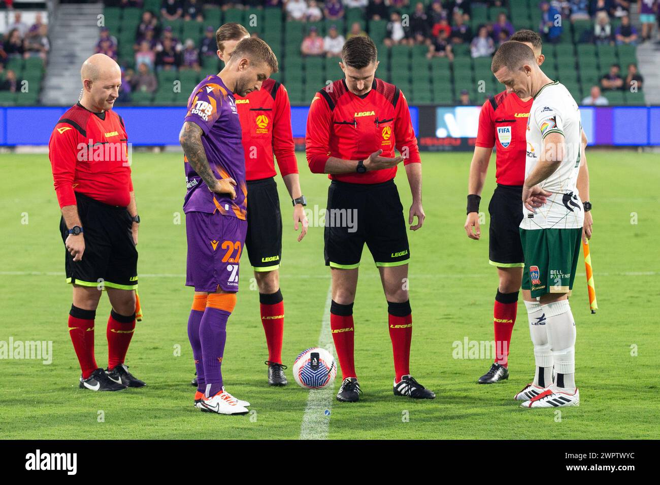 9th March 2024; HBF Park, Perth, Western Australia, Australia; A-League Football, Perth Glory versus Newcastle Jets; Adam Taggart of Perth Glory and Brandon Oneill of the Newcastle Jets toss the coin with match referee Lachlan Keevers Stock Photo