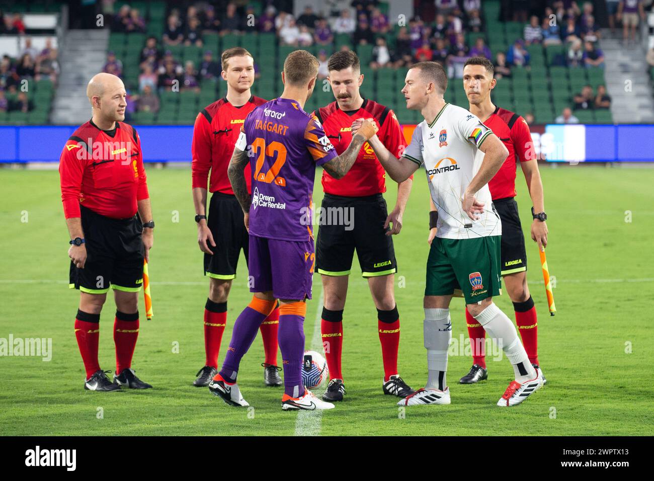 9th March 2024; HBF Park, Perth, Western Australia, Australia; A-League Football, Perth Glory versus Newcastle Jets; Adam Taggart of Perth Glory and Brandon Oneill of the Newcastle Jets shake hands before the start of the match Stock Photo