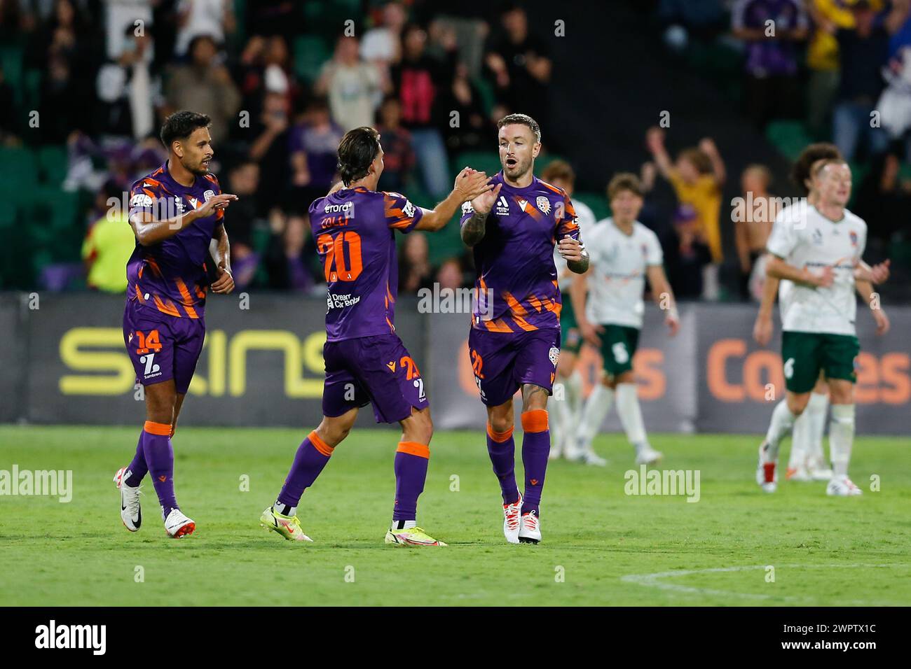 9th March 2024; HBF Park, Perth, Western Australia, Australia; A-League Football, Perth Glory versus Newcastle Jets; Adam Taggart of Perth Glory celebrates with Giordano Colli after scoring his second goal in the 89th minute to level the scores 2-2 Stock Photo