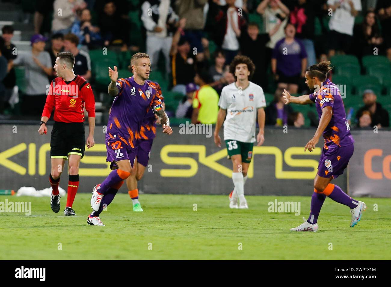 9th March 2024;  HBF Park, Perth, Western Australia, Australia; A-League Football, Perth Glory versus Newcastle Jets; Adam Taggart of Perth Glory celebrates with David Williams after scoring a goal in the 71st minute to make the score 1-2 Stock Photo