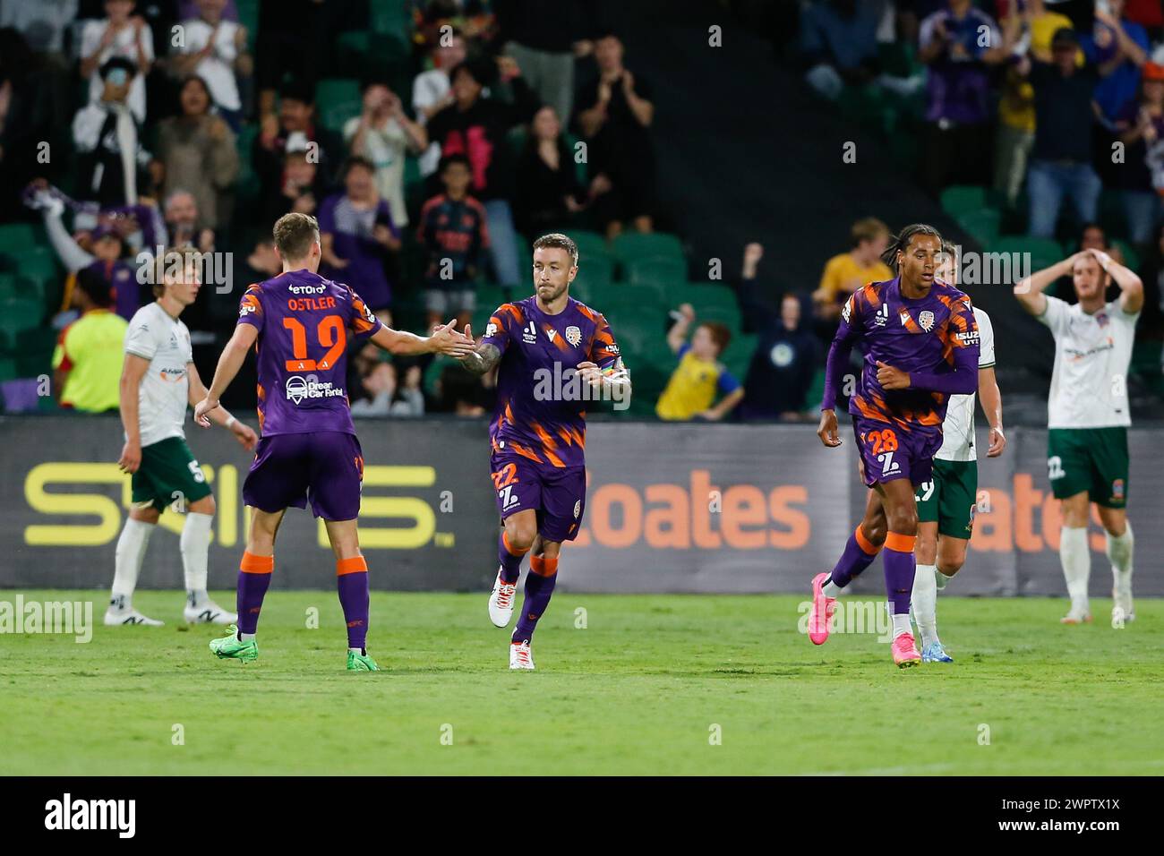 9th March 2024; HBF Park, Perth, Western Australia, Australia; A-League Football, Perth Glory versus Newcastle Jets; Adam Taggart of Perth Glory celebrates with Trent Ostler after scoring his second goal in the 89th minute to level the scores 2-2 Stock Photo